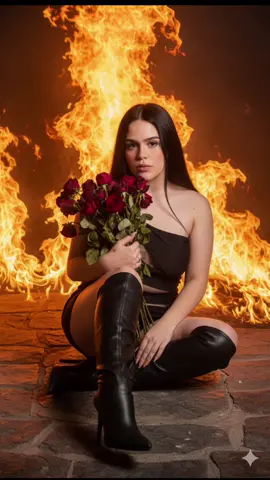 Aquí les dejo el texto que utilizó para esta foto ✨ Hazme una sesión de fotos sentada en el piso con un ramo de rosas marchitas de frente con fuego atrás , con vestido corto ajustado botas negras con tacón delgado cabello largo lacio negro de fondo fuego no cambies rostro. #gemini #texto #imagen  #fyp 
