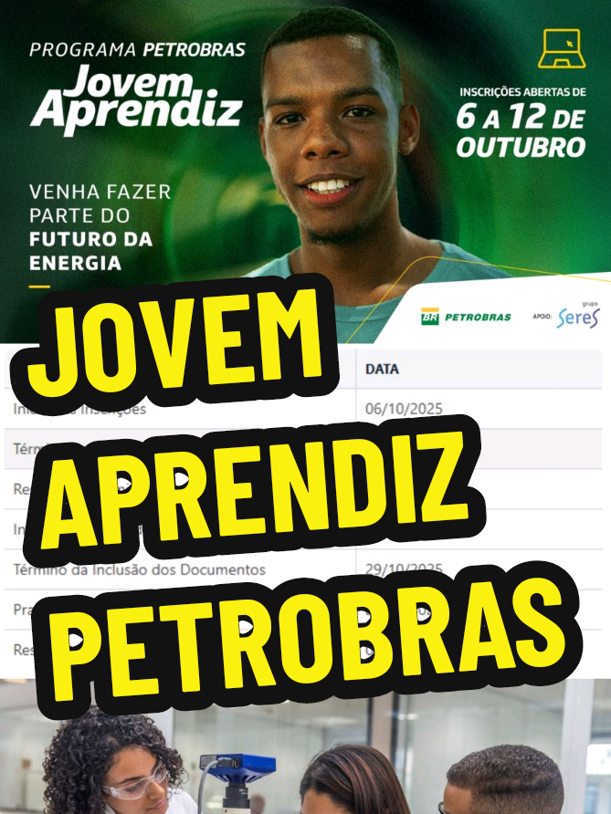 O programa terá duração de 21 meses, oferecendo cursos de aprendizagem profissional básica, além de cursos técnicos. Para concorrer às vagas é preciso ter, na data de inscrição, idade mínima a partir de 14 anos e máxima de 21 anos e 7 meses. Para pessoas com deficiência, não há limite de idade máxima. link: https://jovemaprendizpetrobras.gruposeres.com.br #jovemaprendiz #riodejaneiro #duquedecaxias #saogoncalo #macae 
