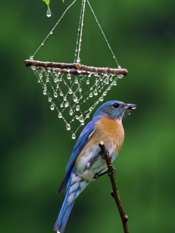 💧🐦 Ingenious Rain Collector ✨🌿 At the edge of the forest, a small bird reveals an unexpected intelligence. Instead of drinking straight from puddles or leaves, it has built a delicate structure out of fine natural fibers — threads of grass, strands of silk, perhaps even filaments stolen from spider webs. The shape looks almost like a woven net, suspended between twigs. When the rain falls, tiny droplets collect and cling to the strands, merging into glittering beads of water. The bird perches nearby, watching, then hops forward with quick precision. It dips its beak gently, one drop at a time, drinking the fresh rainwater it has patiently gathered. The scene feels both natural and extraordinary: a fragile creature shaping the environment into a tool, turning chaos into order. Against the soft green of the forest, the droplets sparkle like jewels, and the bird’s quiet determination transforms survival into artistry. #SmartBird #NatureWonder #WildlifeIngenuity #RainCollector #TikTokNature