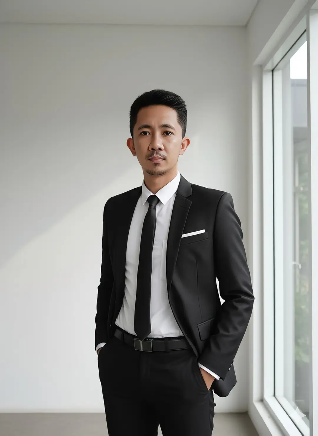 Buatkan gambar ultra realistis dengan wajah asli dari foto ini tanpa merubah bentuk wajah sama sekali.   Detail prompt:   - Seorang pria muda Asia berdiri dengan pose percaya diri, kedua tangan santai dimasukkan ke saku celana jas.   - Ia mengenakan setelan jas formal hitam elegan dengan potongan slim fit, kemeja putih bersih, serta dasi hitam polos yang rapi. Jas memiliki saku dada dengan saputangan putih, kancing jas berwarna hitam mengkilap, dan celana hitam panjang rapi. Ikat pinggang hitam dengan gesper perak modern.   - Rambut hitam pendek ditata rapi dengan gaya undercut modern, wajah tetap asli dengan ekspresi tenang dan karismatik.   - Latar belakang berupa interior minimalis modern dengan dinding putih dan jendela besar yang memancarkan cahaya alami lembut. Efek pencahayaan natural daylight, menghasilkan bayangan lembut pada sisi wajah dan jas.   - Komposisi gambar rasio potret (9:16), kualitas ultra realistis, detail tajam, pencahayaan profesional seperti hasil pemotretan studio fashion high-end. ​#GeminiAI #GoogleGemini #AIgeneratif #PromptGemini #KecerdasanBuatan 