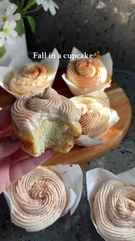 These cinnamon cupcakes with cinnamon buttercream scream fall!  Ingredients: - 1/2 cup milk - 1/4 cup unsalted butter  - 2 eggs - 3/4 cup sugar - 1 cup all purpose flour - 1 1/4 teaspoon baking powder - 1/4 teaspoon pinch of salt - 1 tablespoon vanilla extract - 1 teaspoon oil of your choice  Cinnamon sugar filling:  - 1/3 cup brown sugar - 1 tablespoon cinnamon  Bake at 350 degrees for 12-16 minutes, or until a toothpick inserted comes out clean. Cinnamon Buttercream Frosting: - 1 cup unsalted butter (softened)  - 2 3/4 cup powdered sugar - 1 teaspoon vanilla extract  - 1 tablespoon cinnamon  #baking #baking #cinnamon #cupcakes #fallbaking 