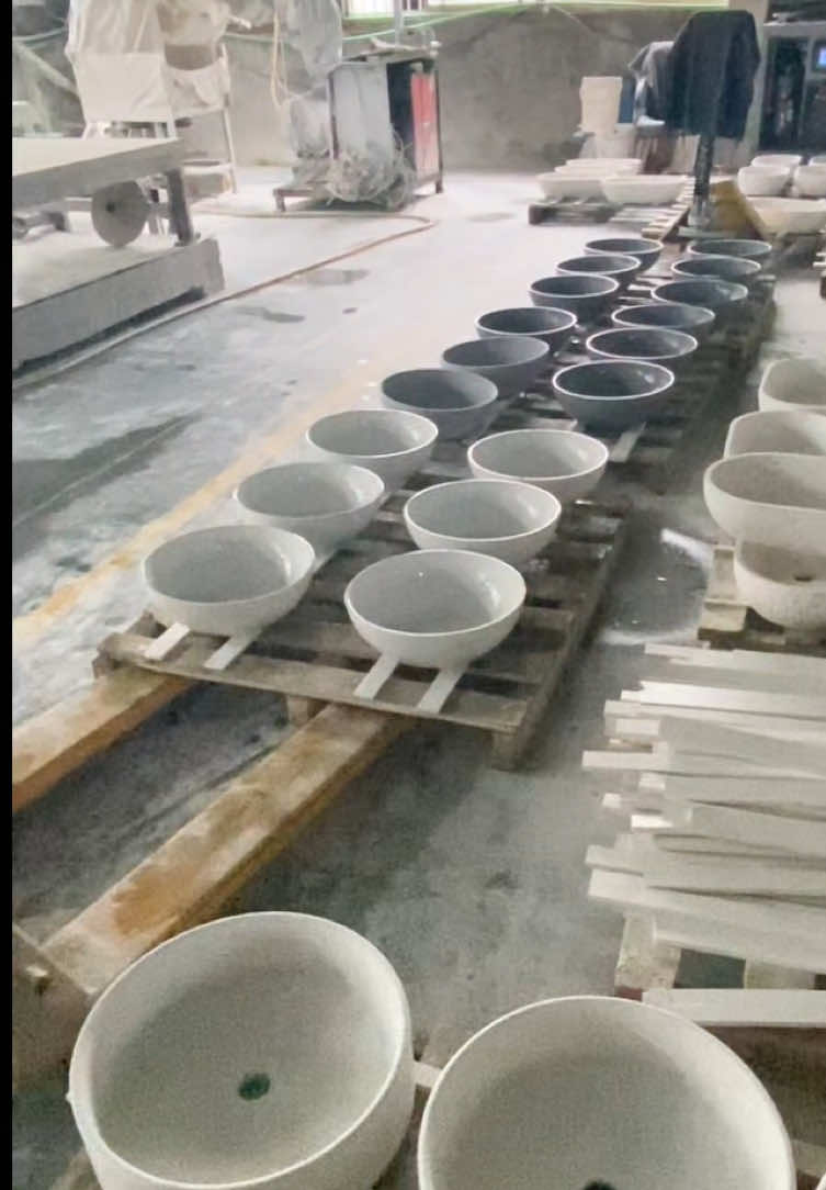washbasin factory, both concrete and terrazzo basins are available #washbasin #bathroombasin #concrete #factory #terrazzo 