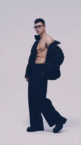 #CapCut #geminiaipro  Promt: Use the attached photo of me as the face and body reference. Create a hyper-realistic full-body fashion photo of a young adult man with a lean, muscular build. He is shirtless, wearing oversized black wide-leg trousers and chunky black boots. A black puffer jacket hangs loosely off his shoulders, exposing toned abs and chest. He also wears black glasses and a silver necklace. He stands confidently with both hands in his pockets, exuding a cool, model-like attitude. His lips form a slight smirk with a natural, effortless expression, chin slightly raised, head tilted just a bit. Camera angle is eye-level, full body. Studio setting with a clean white background, professional high-fashion photography style, sharp focus, soft shadows, and fine detail.
