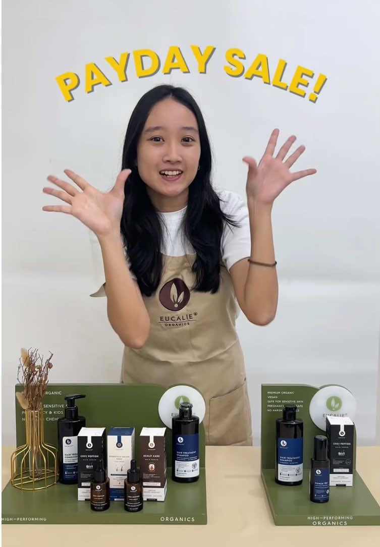 Diskon terbesar hadir lagi buat kamu yang mau beli semua produk Eucalie🥳 Diskon up to 50% + Extra voucher 50k, buruan check out sekarang karena stock nya terbatas yaa🤭 #fyp #foryoupage #paydaysale #diskontiktokshop #eucalieorganics #rambutrontok #uban #ketombe 
