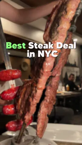 Found the best steak deal in NYC!  🔥 For just $24, you can get a massive Brazilian BBQ platter meant to be shared! The star? Their Churrasco Mixto, grilled skewers that serve 2-3 people. Comes with: 🍚 Rice 🫘 Black beans 🌾 Farofa (toasted yucca flour) 🥗 Vinaigrette sauce Platter options: Misto 1 $70: Top sirloin, sausage, chicken Misto 2 $80: Top sirloin, skirt steak, chicken, or sausage Misto 3 $75: Top sirloin, beef prime hip wrapped with bacon, chicken, or sausage 📍 33-18 28th Ave, Astoria, NY 🎶 Lively vibes with live music on weekends Follow if you want me to show more insane NYC food deals. And the ultimate question: who does BBQ better, Brazilians or Argentinians?