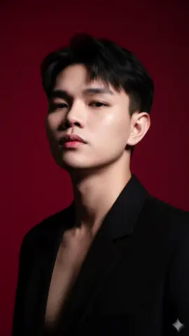 Câu lệnh để tạo ảnh nè mn ơi : Vertical portrait, 1080x1920. Keep the same facial features. Subject wearing a black blazer. Stark cinematic lighting with strong contrast. Shot from a slightly low, upward angle to emphasize jawline and neck, evoking quiet dominance and sculptural elegance. Deep, saturated crimson red background for bold contrast against luminous skin and dark wardrobe. #geminiai #aiart #gemini #trending #fyp 