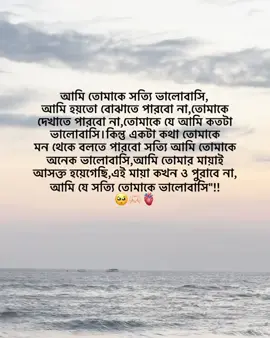 আমি তোমাকে সত্যি ভালোবাসি, আমি হয়তো বোঝাতে পারবো না,তোমাকে দেখাতে পারবো না,তোমাকে যে আমি কতটা ভালোবাসি। কিন্তু একটা কথা তোমাকে মন থেকে বলতে পারবো সত্যি আমি তোমাকে অনেক ভালোবাসি। আমি তোমার মায়াই  আসক্ত হয়েগেছি। এই মায়া কখন ও পুরাবে না, আমি যে সত্যি তোমাকে ভালোবাসি
