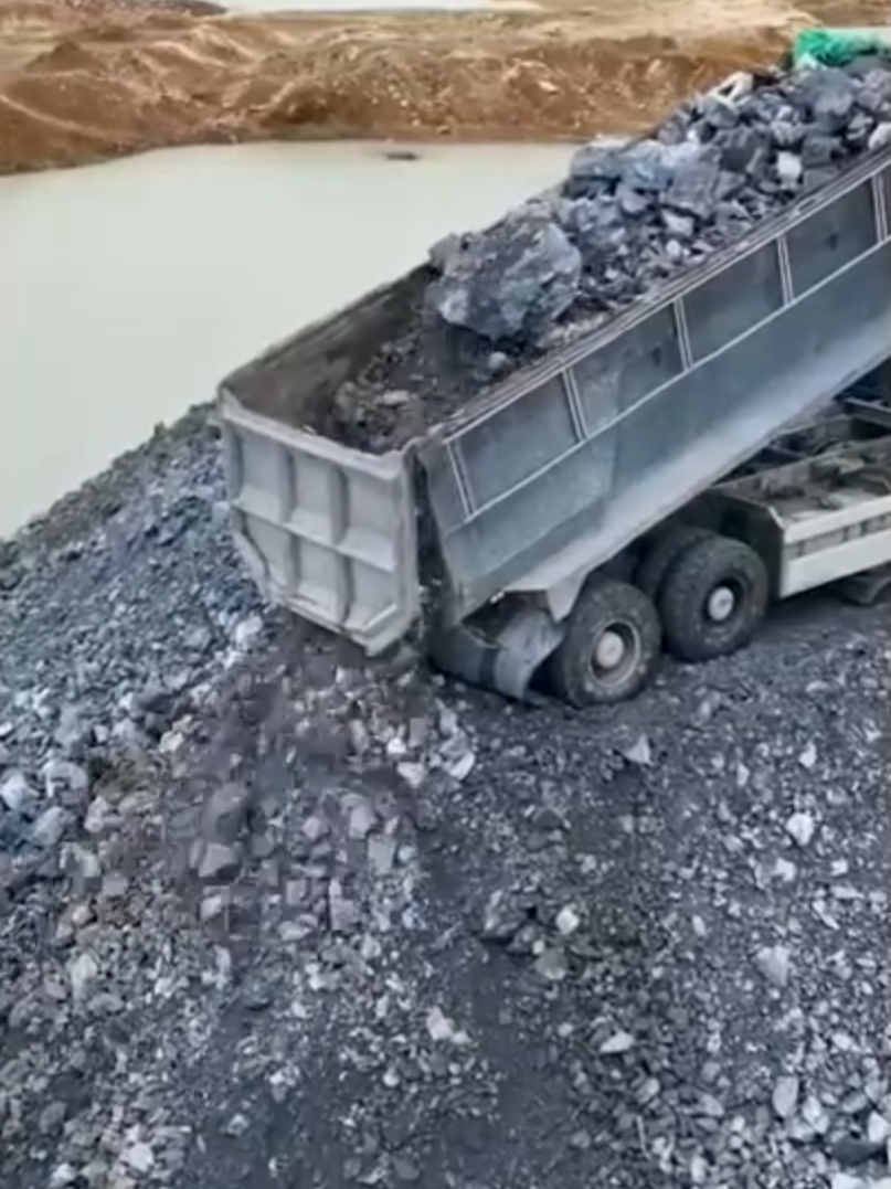 Amazing Many Dump trucks 25 Ton Unloading Big Stone into water with Huge Bulldozer Komatsu D63P#bulldozer #komatsu #dumptruck #excavator #construction #road #build