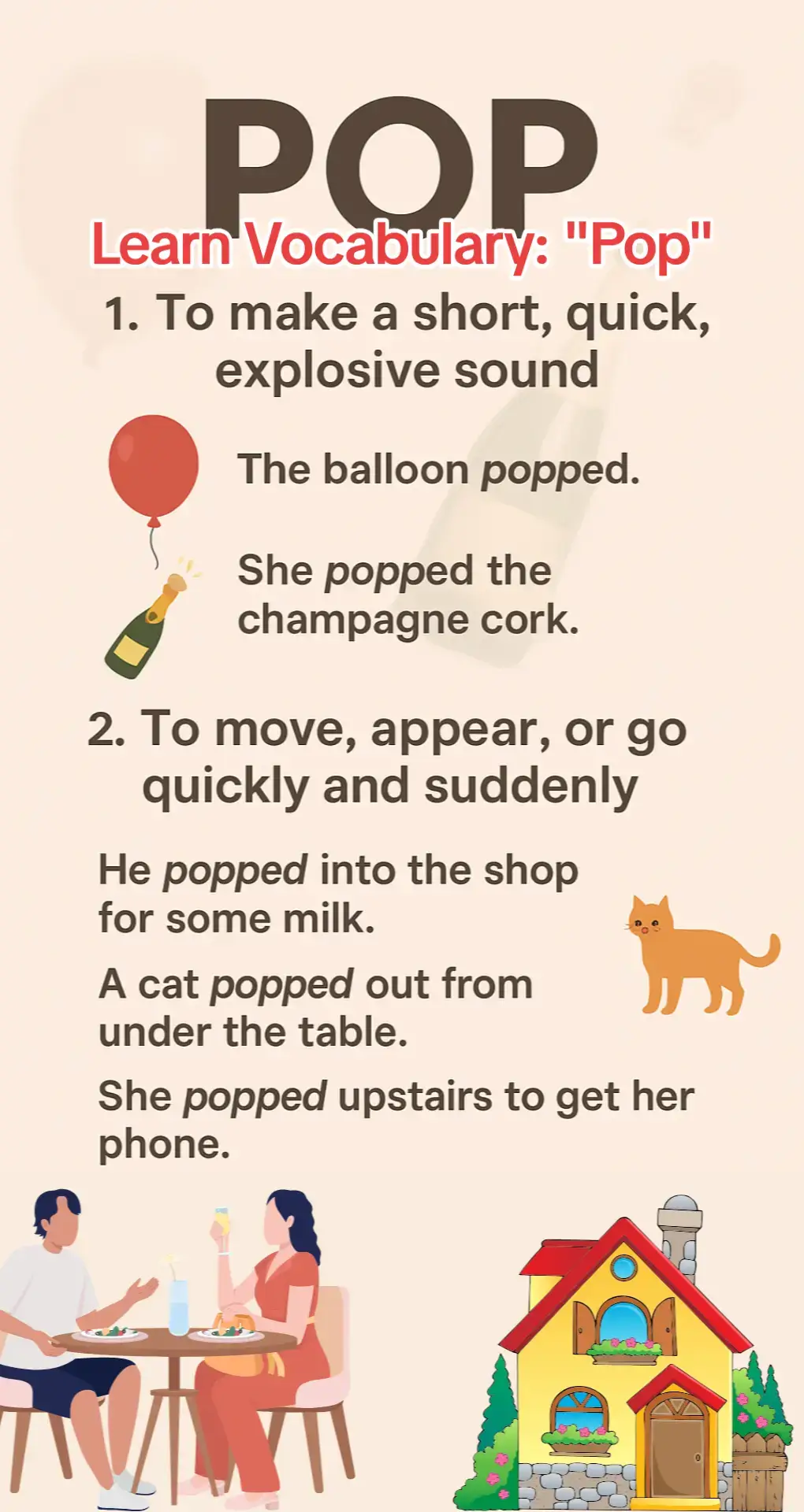 #creatorsearchinsights  Do you want to improve your English vocabulary every day? 📚✨ In this video, I’ll teach you some useful and easy words that you can use in daily life. Learning new vocabulary is one of the fastest ways to make your English speaking and writing sound more natural and confident. 🚀 Each word will come with a simple meaning, an example sentence, and a fun way to remember it. That way, you won’t just learn the word—you’ll know exactly how to use it in real conversations. 💬 👉 For example, today’s word might be something like “pop”—a small, quick sound. “The balloon popped.” 🎈 Or “pops”—a friendly way to say “dad.” “Hey Pops, how are you?” See? One word, two meanings, both super useful! Learning like this just takes a minute a day. ⏳ If you practice daily, your vocabulary will grow fast, and soon you’ll sound like a fluent speaker. 🌍🔥 Follow me for more daily English vocabulary, pronunciation tips, and example sentences. Let’s learn English together in a fun and easy way! 🙌💡 #EnglishLearning #Vocabulary #LearnWithMe #DailyWord