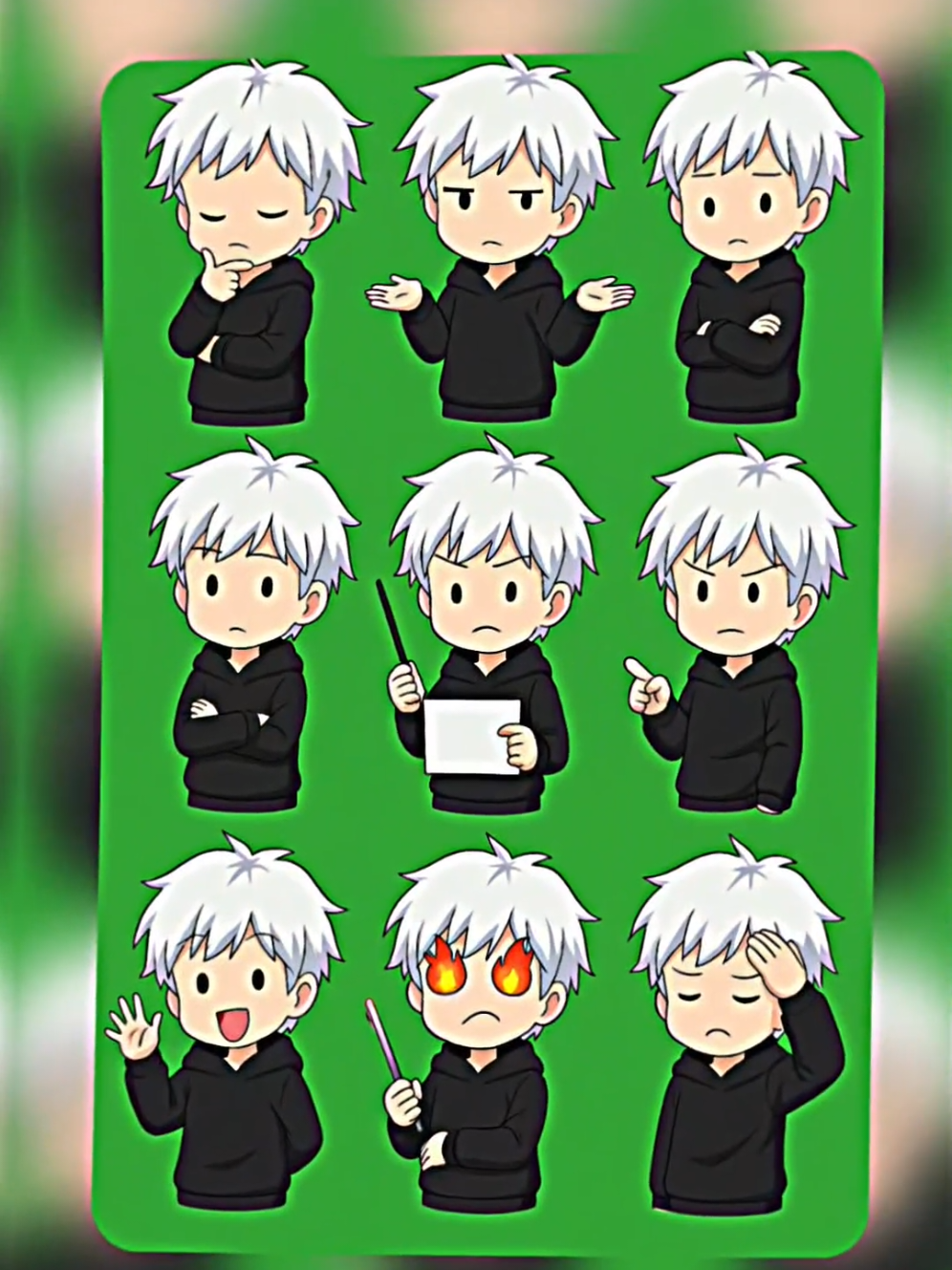 jj dulu ga sih😁 Promt : Bertindak layaknya pembuat karakter animasi 2d,sekarang, Buatkan saya karakter 2 dimensi untuk keperluan konten faceless yang sesuai dengan gambar anime diatas buat agak lucu (chibi style) . Buat setengah badan dengan style 1 [ Pose Berpikir / Thinking Pose Satu tangan menyentuh dagu, tangan lain menyilang di dada. Ekspresi mata lurus datar (faceless). Kesan: sedang mikir atau mempertimbangkan sesuatu.) 2 [ Pose Mengangkat Bahu / Shrug Pose Kedua tangan terangkat ke samping dengan telapak terbuka. Bahu sedikit naik, wajah datar. Kesan: tidak tahu, tidak peduli, atau bingung.) Pose 3 (Pose Menyilangkan Tangan / Crossed Arms Pose Kedua tangan menyilang di depan dada. Wajah lurus ke depan, sedikit kesal atau cuek. Kesan: serius, tidak terkesan, atau menunggu) Pose 4 (Pose Menunjuk Kertas / Sign Holding Pose Satu tangan memegang papan/kertas kosong. Tangan lain menunjuk ke papan tersebut. Kesan: memberi info, tempat untuk teks, atau pengumuman) Pose 5 (Pose Mengajar / Instructor Pose 📢 memegang pointer/kayu. Satu tangan memegang alat, posisi berdiri tegak. Kesan: sedang menjelaskan, mengajar, atau presentasi.) Pose 6 (pose menunjuk Pose satu tangan menunjuk kedepan dengan jari telunjuk , kesan:tegas, memberitahu sesuatu, menunjuk) Pose 7 ( pose hallo) Pose satu tangan melambaikan tangan dengan ekspresi ceria dan senang Kesan : santai , ceria, menyapa, dan melambaikan tangan. Pose 8 (pose marah dan emosi) Pose dengan kedua tangan menggeram di depan dada, serta ada api yang keluar dari mata dan belakang karakter. Pose 9 (Pose mengejek) Pose dengan ekspresi mengejek dan bikin kesal dengan menjukurkan lidah keluar Kesan:mengejek, mengkritik, dan menyebalkan Pose 10 (pose pusing pasrah dengan memegang kepala) Pose dengan satu tangan memegang kepala , seperti sedang pusing dan stress karena banyak pikiran , kesan :pusing, capek, dan stress Buat kesepuluh pose itu ingat harus ada 10 karakter berbeda pose seperti diatas,karakter juga harus punya mata dan ekspresi sertakan dengan pewarnaan dan pencahayaan cerah, serta latar grenn screnn. #produkdigital #belajarngedit #fyp #digitalmarketing #produkdigital 
