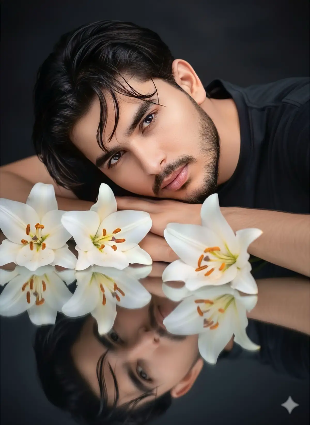 Prompt: A dreamy, ultra-realistic portrait of a handsome young man lying gracefully beside white lilies, his head resting gently on his arms, reflected perfectly on a glossy black surface. Soft cinematic lighting highlights his glowing skin and sharp yet delicate facial features, with slightly wet strands of hair falling naturally across his forehead. The mood is ethereal, romantic, and artistic, with a serene atmosphere. High detail, professional studio photography, 8K resolution. #viral #kalaiya_muser #trending #GeminiAl