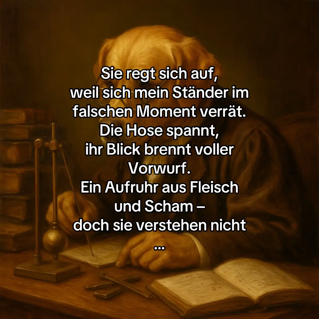 Sie regt sich auf, weil der Körper etwas verrät, das der Geist nie beabsichtigte. Ein Ständer, geboren aus dem Nichts, wie ein rebellischer Gedanke, den man nicht kontrollieren kann. Manche nennen es Peinlichkeit, doch wer genauer hinsieht, erkennt: Es ist die Biologie selbst, die uns daran erinnert, dass wir keine Herrscher sind – sondern Schüler, gefangen im absurden Unterricht der Natur. Ein stilles Monument aus Fleisch, errichtet im falschen Moment. Und während die Welt urteilt, bleibt nur die Erkenntnis: Manchmal ist selbst Schweigen ein lauter Aufstand. #Viral #Fyp #FürDich #Denker #Deep