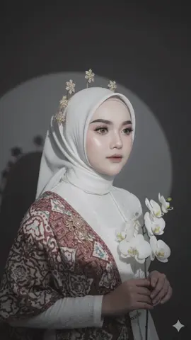 Gemini ai join trend🙌🏻🙌🏻 PROMPT : Maintaining the exact same face and features as the reference photo.  A high-fashion studio portrait of a young woman with refined elegance, wearing a crisp white hijab draped perfectly smooth with clean folds, adorned with delicate golden floral headpiece accessories shaped like blooming stars, sparkling under the light. Her hijab is styled in a neat frame that highlights her symmetrical oval face, luminous fair skin, and refined bone structure.She wears a traditional Indonesian batik-inspired shoulder drape in earthy red-brown, patterned with irregular geometric white and blue motifs, layered over a pure white inner gown. The fabric texture is soft, with visible weaving detail, giving a mix of traditional and modern elegance. A vintage golden brooch sits on her chest as a centerpiece, symbolizing cultural refinement.She holds a branch of fresh white orchids, the petals soft, velvety, and luminous, adding natural softness to the composition. Makeup (detailed): 	•	Skin: flawless porcelain complexion with natural dewy finish, subtle highlight on cheekbones, nose bridge, and brow bone for a glowing 	•	Overall effect: polished bridal/editorial glam, yet still soft and elegant. Lighting setup (cinematic & editorial): 	•	Key light: single softbox from upper front left, producing even glow and smooth skin highlights.•	Background: circular spotlight projection behind subject, creating a halo-like gradient, with the headpiece shadow cast sharply onto the backdrop for a dramatic effect. 	•	Fill light: minimal, preserving natural shadows to add depth. 	•	Result: moody but elegant, with clean contrasts and painterly tones. Photography specs: 	•	Shot on full-frame DSLR/mirrorless, with an 85mm prime lens at f/1.4, ISO 100, shutter 1/160.Depth of field: shallow, background melts into soft blur, subject razor sharp with exquisite detail. Resolution: ultra-high definition,8K quality feel,natural texture preserved (no over-smoothing). Aspect ratio 9:16 vertical, centered composition,top space for headpiece, bottom space balanced with orchids. Style & mood: Editorial,modern cultural fashion photography. Minimalist backgroundallowing subject, clothing,and accessories to dominate. Sophisticated, elegant,radiant mood with subtle power.jangan rubah wajah . Asli seperti foto . Enggel samping agak depan #CapCut #geminiai #ai #fyp #fypシ゚ 
