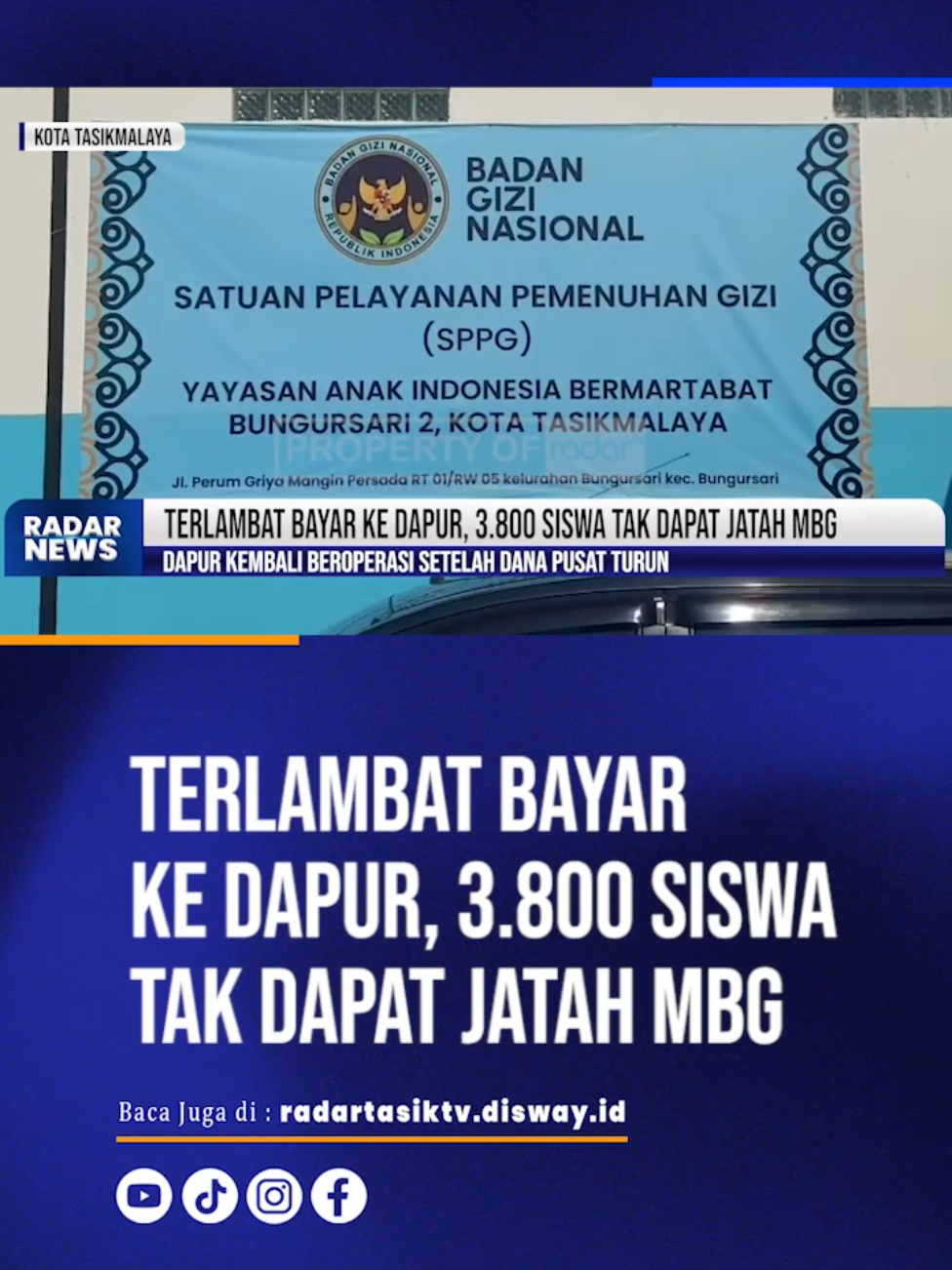 Terlambat Bayar ke Dapur, 3.800 Penerima MBG Tak Dapat Makan, Dapur Kembali Beroperasi Setelah Dana Pusat Turun RADARTASIKTV.ID - Pasokan program Makan Bergizi Gratis (MBG) di Kota Tasikmalaya dari sebuah dapur di wilayah Bungursari, Kota Tasikmalaya, ternyata tidak terjadi pada hari Jumat dan Senin lalu. Tidak adanya pasokan MBG membuat siswa tidak bisa makan siang secara gratis, karena ada pemberitahuan sebelumnya dari dapur pengelola bahwa mereka terpaksa tidak memasok MBG. Tercatat lebih dari 2.400 pelajar selama dua hari tidak mendapatkan MBG, bahkan termasuk para balita dan ibu hamil yang jumlahnya mencapai 3.800 penerima. Hal ini cukup disayangkan salah satu pihak sekolah di SD Sukarindik, apalagi tidak ada penggantinya. Jangan sampai karena persoalan di atas, membuat pelajar menjadi korbannya. 