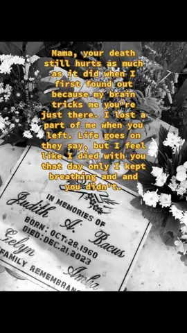 Mama, your death still hurts as much as it did when I first found out because my brain tricks me you're just there. I lost a part of me when you left. Life goes on they say, but I feel like I died with you that day only I kept breathing and and you didn't.