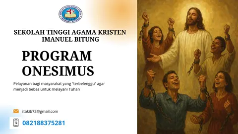Salam Sejahtera 🙏 STAK Imanuel Bitung sedang melaksanakan pelayanan Program Onesimus bagi Warga Binaan di Lembaga Pemasyarakatan (penjara) Bitung. Ada 15 orang bahkan akan bertambah tuk mengikuti program tsb. Kami membutuhkan dana yg lumayan agar bisa melaksanakan program tsb kiranya para warga binaan bisa melayani Tuhan setelah mengikuti program tsb. Mohon bantuan apabila bpk)ibu/sdr-i yg terbeban dlm pelayanan tsb dgn menjadi donatur atau menjadi sponsorship. Terima kasih, Tuhan Yesus memberkati 🙏🙏🙏