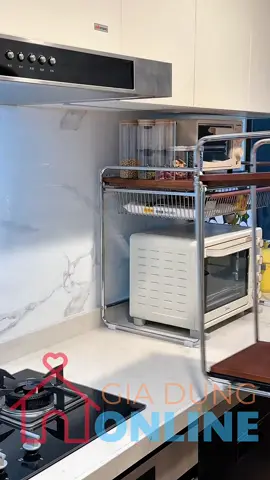 1453 - Kệ bếp 2 tầng mặt gỗ khung y nóc sang trọng, tầng dưới có thể kéo ra để nồi cơm điện, lò nướng tiện lợi