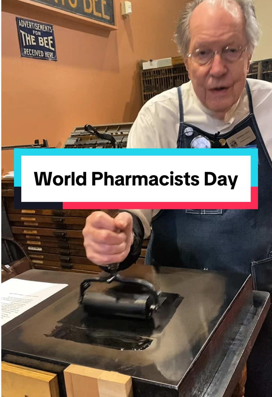 September 25th is World Pharmacists Day! Today recognizes and promotes the role of pharmacists in improving the health of others.  For today, Howard letterpress printed an electrotype (copy) of a cartoon image depicting a man mixing medicine using a mortar and pestle. This was made in the 1930s. This was printed with black rubber base ink using our Washington hand press. #NationalPharmacistDay #pharmacist #medicine #powerofthepress #SacHistoryMuseum          