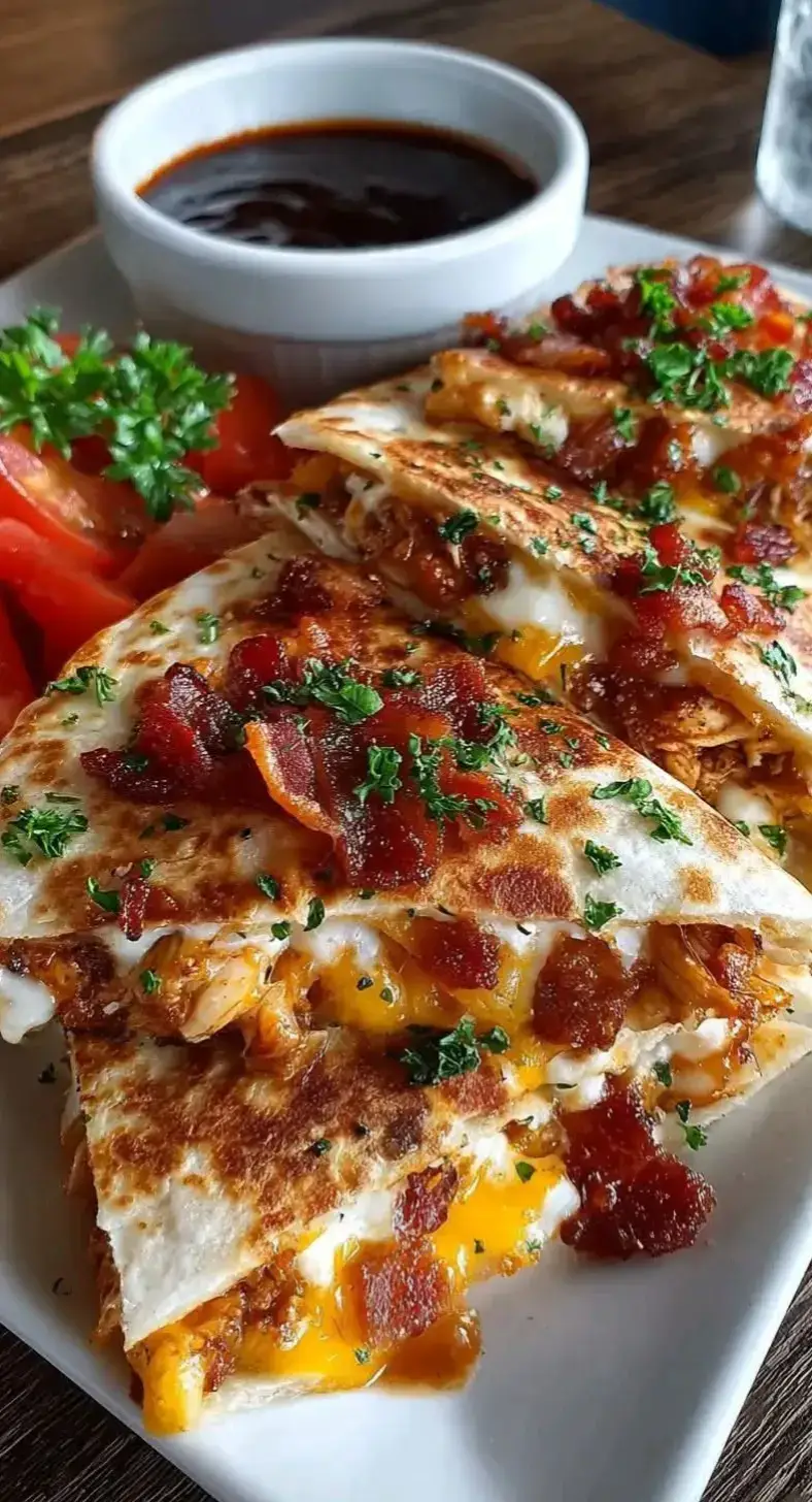 Cheesy Bacon Chicken Quesadilla 🧀🌮 🛒 Ingredients: 2 cups cooked chicken, shredded 6 slices cooked bacon, chopped 2 cups shredded cheddar cheese (or Mexican blend) 1/2 cup cream cheese, softened 1/4 cup ranch dressing (optional) 4 large flour tortillas 2 tbsp butter or olive oil 2 green onions, sliced (for garnish) Salsa, sour cream, or guacamole (for dipping) 👩‍🍳 Directions: Preheat a skillet or griddle over medium heat. Mix filling: In a bowl, combine shredded chicken, chopped bacon, cheddar cheese, cream cheese, and ranch (if using). Assemble: Spread filling evenly on half of each tortilla, then fold over to make a half-moon shape. Cook: Melt butter (or drizzle olive oil) in the skillet. Place quesadillas in the pan and cook 2–3 minutes per side until golden brown and cheese is melted. Slice: Cut into wedges. Garnish & serve: Sprinkle with green onions and serve hot with salsa, sour cream, or guacamole.