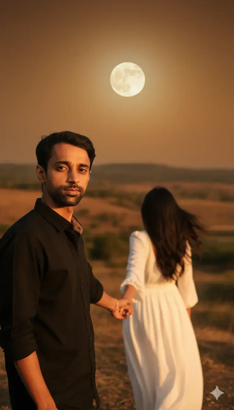 Prompt: A romantic outdoor portrait at golden hour with a prominent full moon in the sky. In the foreground, a man wearing a black long-sleeved button-up shirt looks directly at the camera with a calm expression. In the softly blurred background, a woman in a flowing white dress, with her hair gently blowing, walks away to the right, facing slightly away from the camera. The man is gently holding the woman's hand. The setting is a natural landscape with warm, golden and orange hues in the sky and soft, earthy tones on the ground.