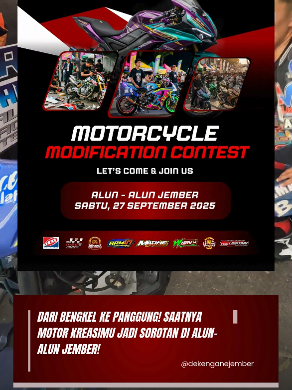 Sabtu, 27 September 2025, Alun-Alun Jember jadi panggung modifikasi motor paling bergengsi!  Dari gaya racing, harian, hingga restorasi fashion, semua tampil penuh karakter dan inovasi. Acara ini bukan sekadar kontes, tapi ruang ekspresi anak muda Jember yang kreatif dan solid. Terima kasih kepada Bupati Gus Fawait dan Pemkab Jember atas dukungan luar biasa terhadap komunitas otomotif dan event-event inspiratif yang mengangkat potensi lokal. #jemberasik #pemkabjember #gusfawait #jembertiktok #infojember  @Pemerintah Kabupaten Jember @Gus Fawait 