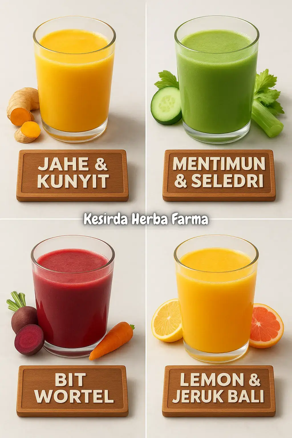 Bahan Minuman : 1. Jahe & Kunyit 2. Mentimun & Seledri 3. Buah Bit & Wortel 4. Lemon & Jeruk Bali #infokesehatan #sehatalami #herbal #minumansehat #kesirdaherbafarma 