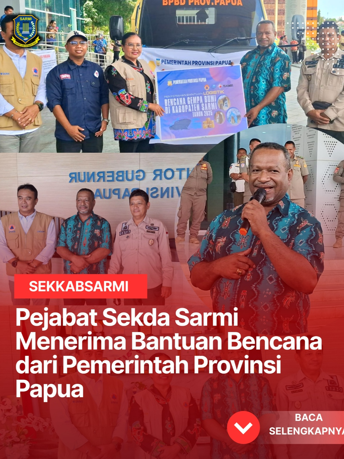 PEJABAT SEKDA SARMI MENERIMA BANTUAN BENCANA DARI PEMERINTAH PROVINSI PAPUA 25 SEPTEMBER 2025 - Sebagai respon terhadap bencana gempa bumi yang terjadi di Kabupaten Sarmi pada tahun 2025, Pemerintah Provinsi Papua, melalui BPBD Provinsi Papua, mengirimkan bantuan logistik untuk mendukung pemulihan daerah yang terdampak. Bantuan ini merupakan hasil kolaborasi antara Pemerintah Provinsi Papua, PT. Telkomsel, dan PT. AM Jayapura Robongholo Nanwani. Bantuan akan dikirim menggunakan 3 kendaraan untuk memastikan logistik sampai ke lokasi yang membutuhkan. Pada kesempatan ini, Pejabat Sekda Kabupaten Sarmi, Eduward P. Dimomonmau, ST.M.KP, menerima bantuan secara simbolis. Selain itu, Pejabat Sekda Provinsi Papua, Suzana D. Wanggai, hadir mewakili Pemerintah Provinsi Papua dalam menyerahkan bantuan tersebut. Berbagai bantuan yang diserahkan meliputi bahan pangan seperti beras, mie instan, minyak goreng, gula, dan air minum. Meskipun demikian, dengan keterbatasan anggaran yang ada, biaya akomodasi pendorongan logistik, seperti kebutuhan BBM dan tenaga, akan dibebankan kepada Pemerintah Kabupaten Sarmi. Bantuan ini diharapkan dapat membantu meringankan beban masyarakat yang terdampak dan mendukung proses pemulihan pasca bencana. Diharapkan bantuan ini dapat memenuhi kebutuhan dasar masyarakat dan mempercepat pemulihan di Kabupaten Sarmi. #sarmi#papua#pemerintahan#bantuanbencana#provinsipapua#sarimipemulihan#logistikbencana#kerjasama#pemulihansarmi
