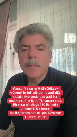 Mansur Yavaş‘ın Melih Gökçek dönemi ile ilgili gündeme getirdiği iddialar; Hollanda’dan getirilen mankene 41 milyon TL harcanması. Bir yılda bir aileye 150 ihalenin verilmesi. Bel beton özelleştirmesinde oluşan 1.2milyar TL kamu zararı