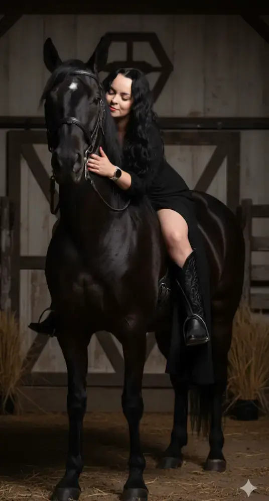 Elegancia salvaje 🐎🖤 La nobleza del caballo… un animal admirable ✨🤍 PS. Estas fotos fueron creadas con Gemini AI. Aquí te dejo lo que tienes que poner para que tú crees tus propias fotos: 👉 Usando mi foto en una sesión elegante con temática western, retrato de moda de una mujer segura de sí misma sentada sobre un caballo negro. Ella viste un vestido negro con abertura en la pierna y botas altas hasta el muslo estilo vaquero, irradiando suavidad y poder. Su cabello largo y voluminoso cae en ondas suaves, y mira hacia adelante abrazando al caballo, sonriendo con la mirada hacia abajo. La iluminación dramática de estudio proyecta sombras marcadas contra el fondo de un rancho, creando una imagen editorial atemporal y estilizada.