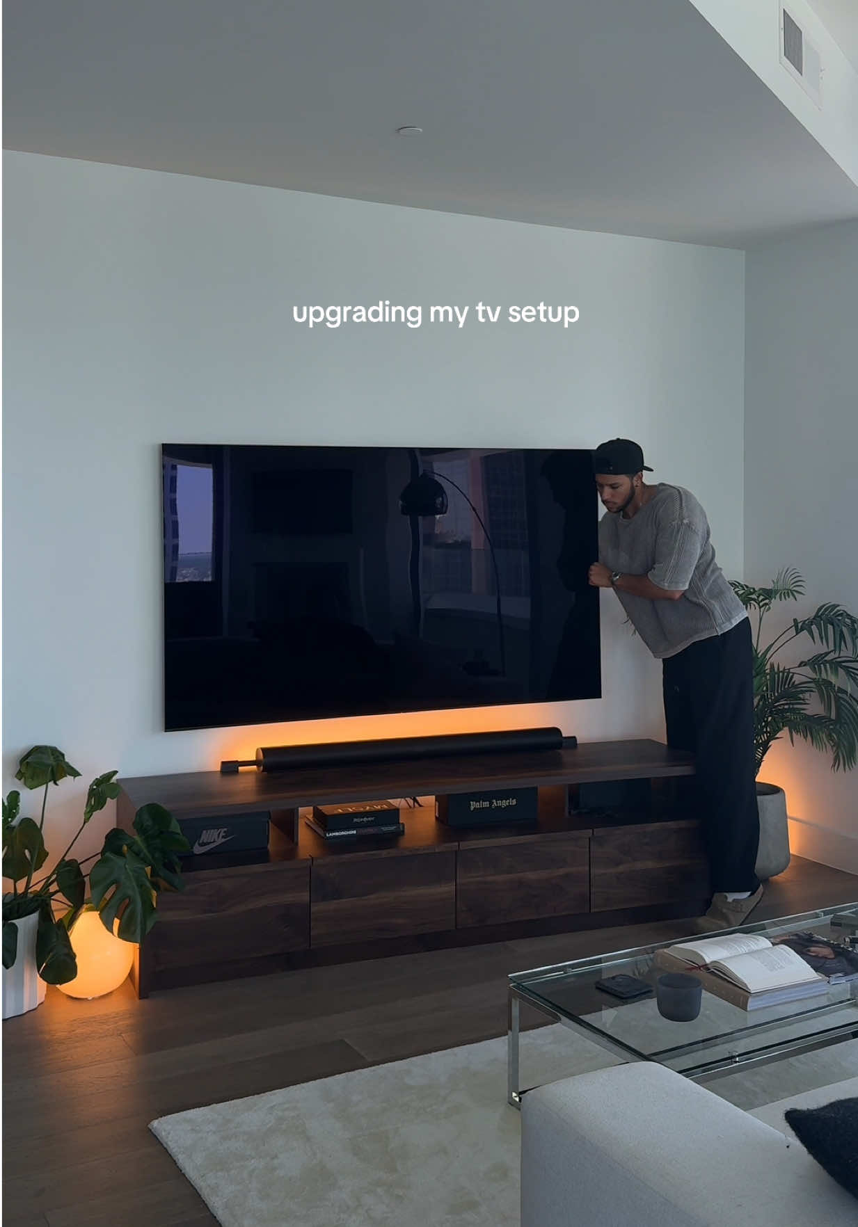 Upgrading my tv setup. What do you think? Decided to switch over to a tv with less glare for the living room area and landed on the Samsung Frame Pro. So far it looks great, but I’ll definitely miss my Philips hue lights behind the tv. #interiordesign #tvsetup #interiordecor #asmr #samsungframepro     