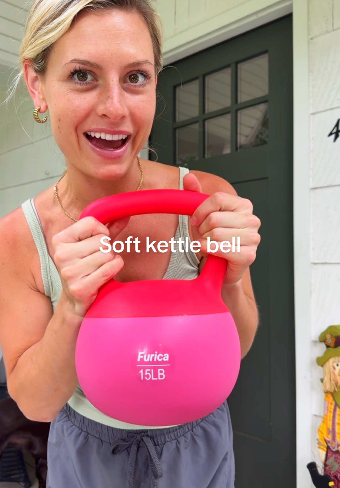 It has a soft bottom & comes in such fun colors!  #giftsforher #gymgirl #softkettlebell #giftideaforher #homegym 