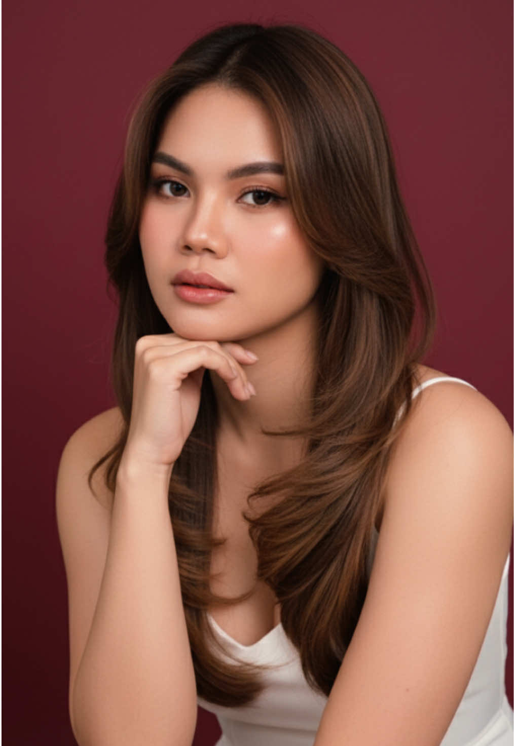 Prompt: Make a photoshoot of me in a studio against a plain, pure red or maroon backdrop. She wears a simple, sleeveless white dress, giving off an elegant and minimalist vibe. Her hair is neatly styled in a long wavy hair that accentuates her facial features.    Korean glam makeup, focusing on defined eyes, neat brows, soft blush, and natural pink lips, creates a feminine and flawless look. The woman poses like a model with her head propped up gazing at the camera with a soft andalluring expression. The composition is a close-up, half-body shot, showcasing her bright, smooth, and radiant skin. Professional studio lighting is used from above and in front (a softbox is visible above the frame), producing soft, even light without harsh shadows, highlighting facial details and skin texture. The overall atmosphere of the photo is clean, modern, and aesthetically pleasing, perfect for a premium beauty or skincare product photoshoot.  Photo style: Beauty photography, clean studio look, minimalist, high-key lighting. Additional keywords: elegant, fresh, glowing skin, portrait photography, feminine, studio shoot, minimal background, beauty model without changing too much of her face features, professional lighting without showing it, not blurred. #googlegemini #ai #prompt 