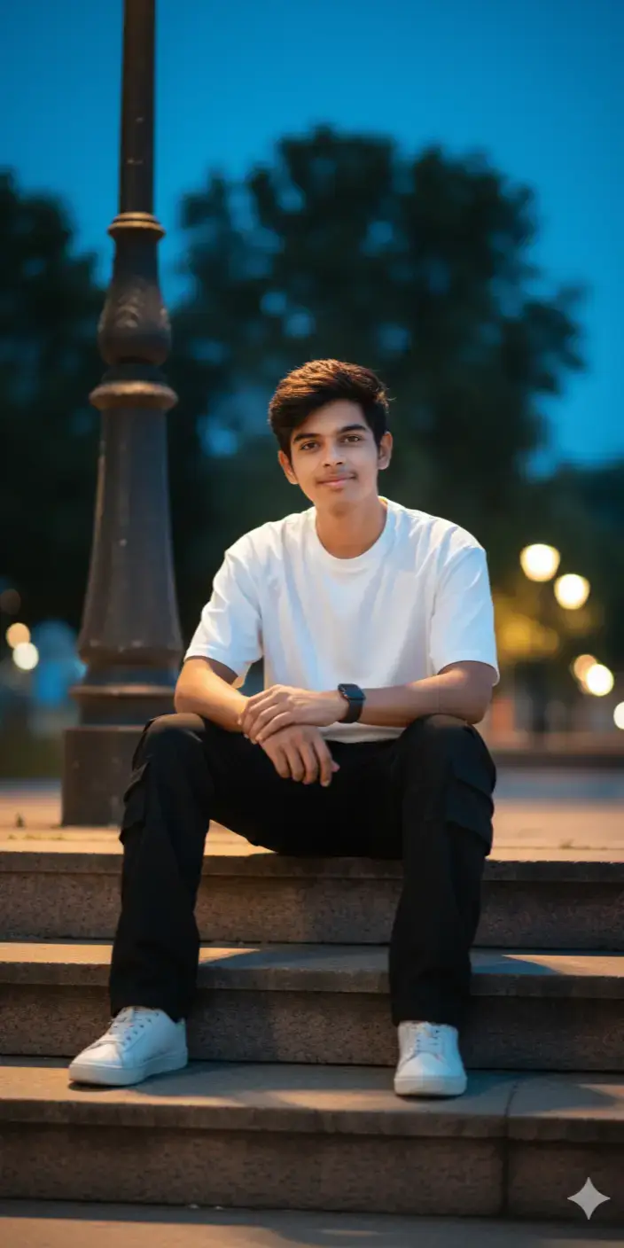 Cinematic hyper-realistic shot of a handsome man sitting on stone stairs beside an old lamp post at twilight. Soft smile, arms resting on knees. Outfit: White heavyweight oversized t-shirt, black cargo pants, white sneakers, Apple Watch, slightly messy dark hair. Background: glowing streetlight, blurred trees, creamy bokeh, 8K detail. Camera angle a from right side and I'm sittin