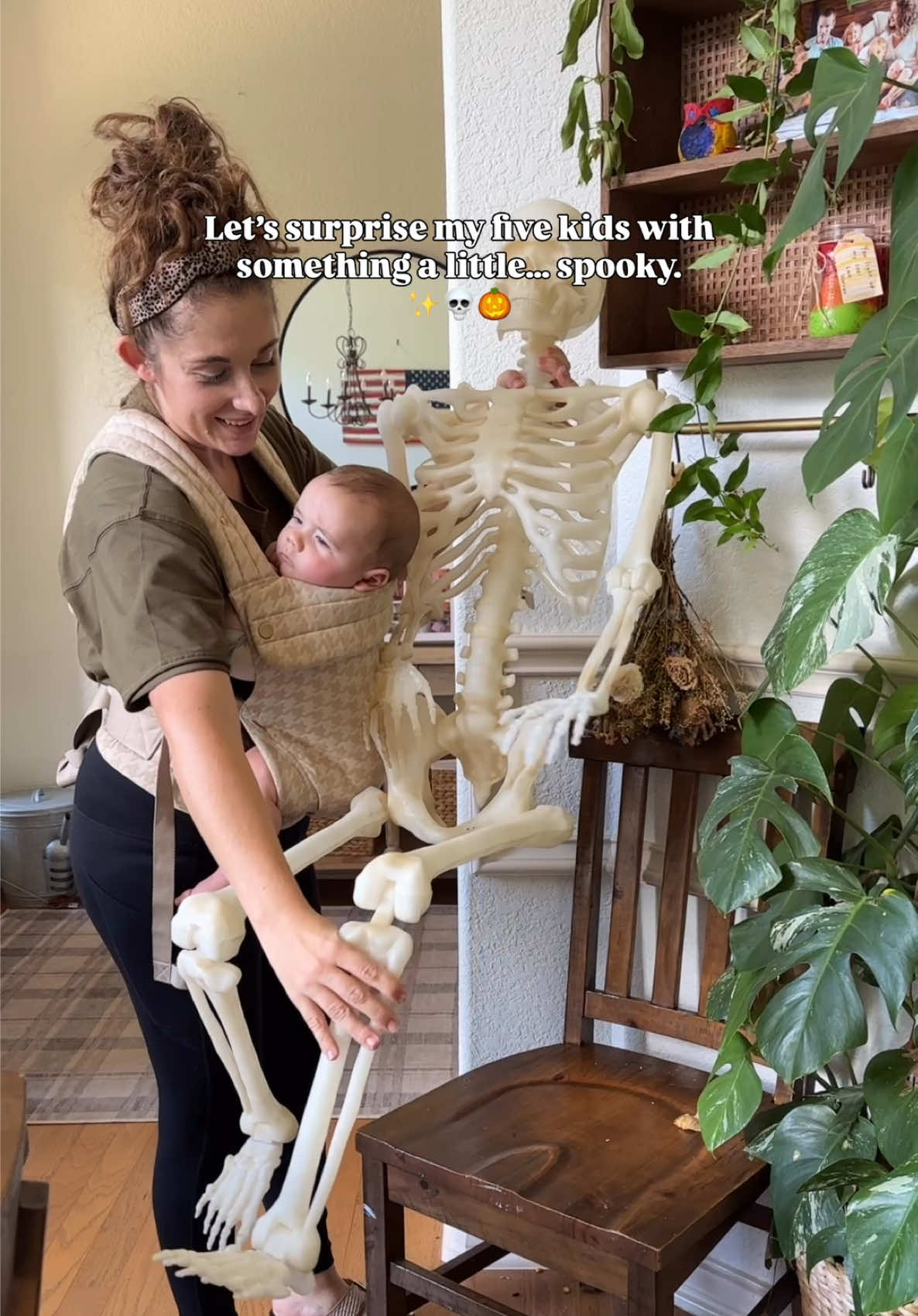 I usually keep our Halloween decor more on the cozy side with pumpkins, candles, and twinkle lights. 🍂✨ But the kids have been asking for “a little spooky” this year, so I decided to mix things up. While they were at school, I set the cutest light-up skeleton right in the dining room. When they walked in… the squeals, the giggles, the wide eyes, pure magic. 🖤🎃 Cozy still wins in my book but this spooky stuff is fun with them, and it made the best after-school surprise. #spookyseason👻 #halloweenfun #halloween  #momlifeisthebestlife #kidshalloween 