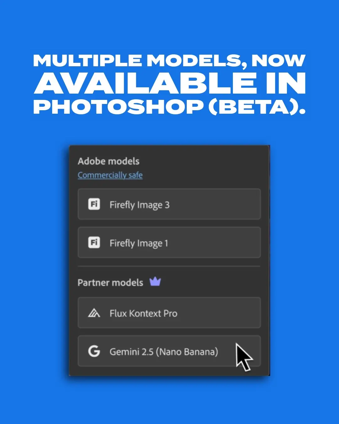 🍌✨ Generative Fill now gives you Gemini 2.5 Flash Image (Nano Banana), FLUX.1 Kontext, or Firefly to choose from. This integration allows you to select the model that best fits your creative needs, giving you more flexibility and control, all inside Photoshop (beta). Link in bio for more info! 