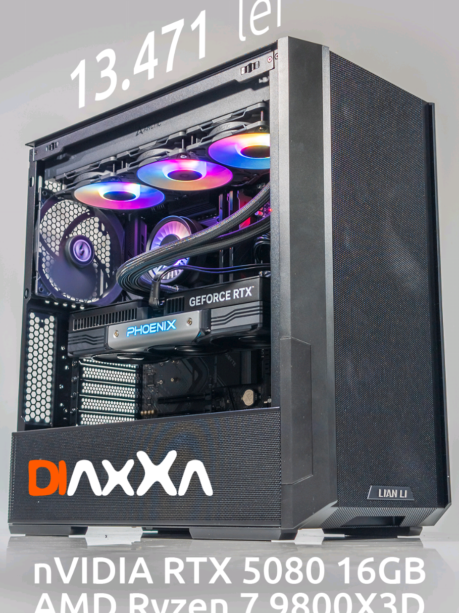 🎮 PC Gaming Diaxxa 13.471 lei AMD Ryzen 7 9800X3D NVIDIA RTX 5080 16GB 64GB DDR5 SSD 2TB M.2 WiFi BT ▶️ https://cel.ro/s/dijf
 🎮 RTX 5080 ▶️ https://cel.ro/c/MlFWUlp9WSNAd0A
 🎮 Carcasa Lian Li LanCool 216 ▶️ https://cel.ro/c/MlFWUlp9WVZ7ag #pcgaming #gamingpc #pcbuild #pc #diaxxa  
