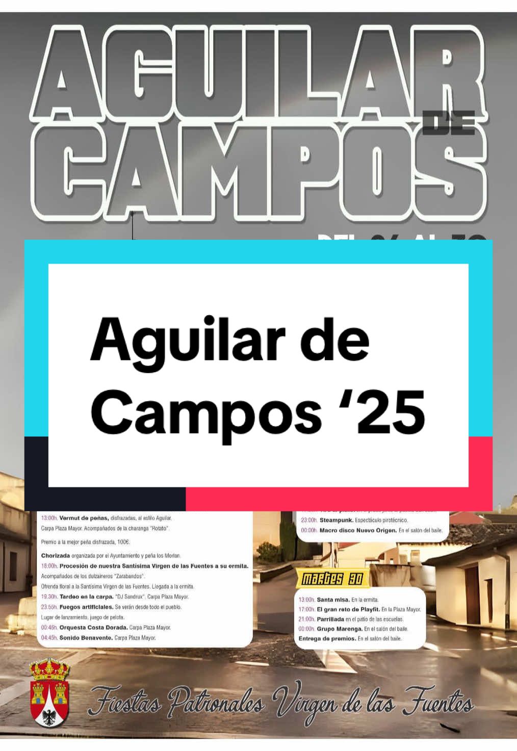 Las Fiestas de Aguilar de Campos 2025 son una LOCURA 🔥 Del 26 al 30 de septiembre, Aguilar de Campos (Valladolid) se convierte en el epicentro de la fiesta 🎉. Verbena, peñas, monólogos, paella popular y macrodisco brutal. 👉 Guarda este vídeo, compártelo y dime: ¿a qué día te vienes? #FiestasDePueblo #AguilarDeCampos #Valladolid #Verbena #PueblosDeFiesta