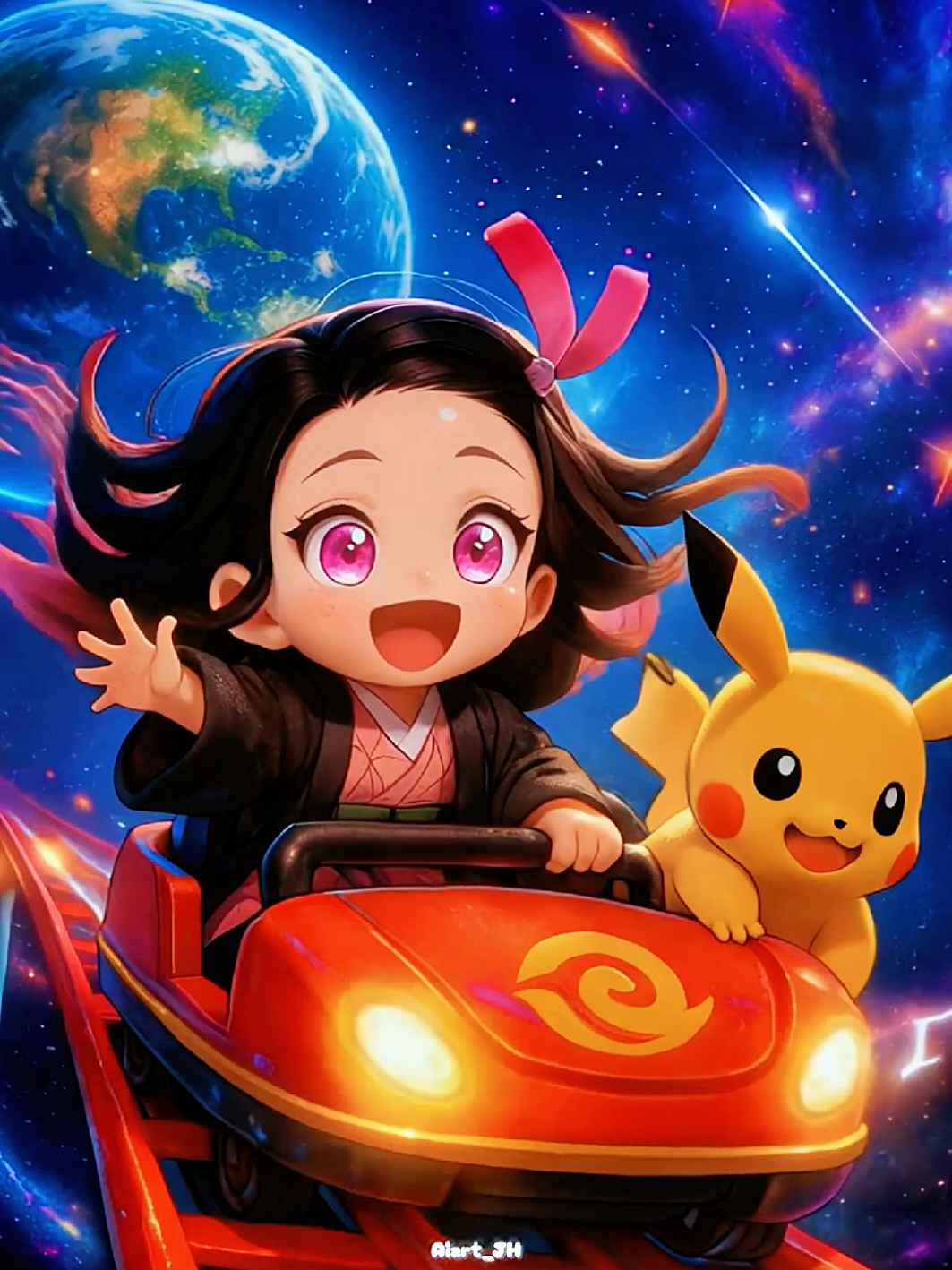 Cute Nezuko and Pikachu are riding a magical roller coaster in space.🎢 #cute #nezuko #pikachu 