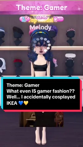 Theme was Gamer 🎮 I wanted to make a cool outfit, so sweatpants didn’t make the cut, but the chaos did 😂✨ But I look more like the IKEA logo 💙💛 Serving gamer girl fashion, streamer vibes, cosplay & gamer core 🎮💙 headset, console, lace details… gaming never looked this dramatic ✨ #dresstoimpressroblox #gamer #fashion #gamecontent #roblox 