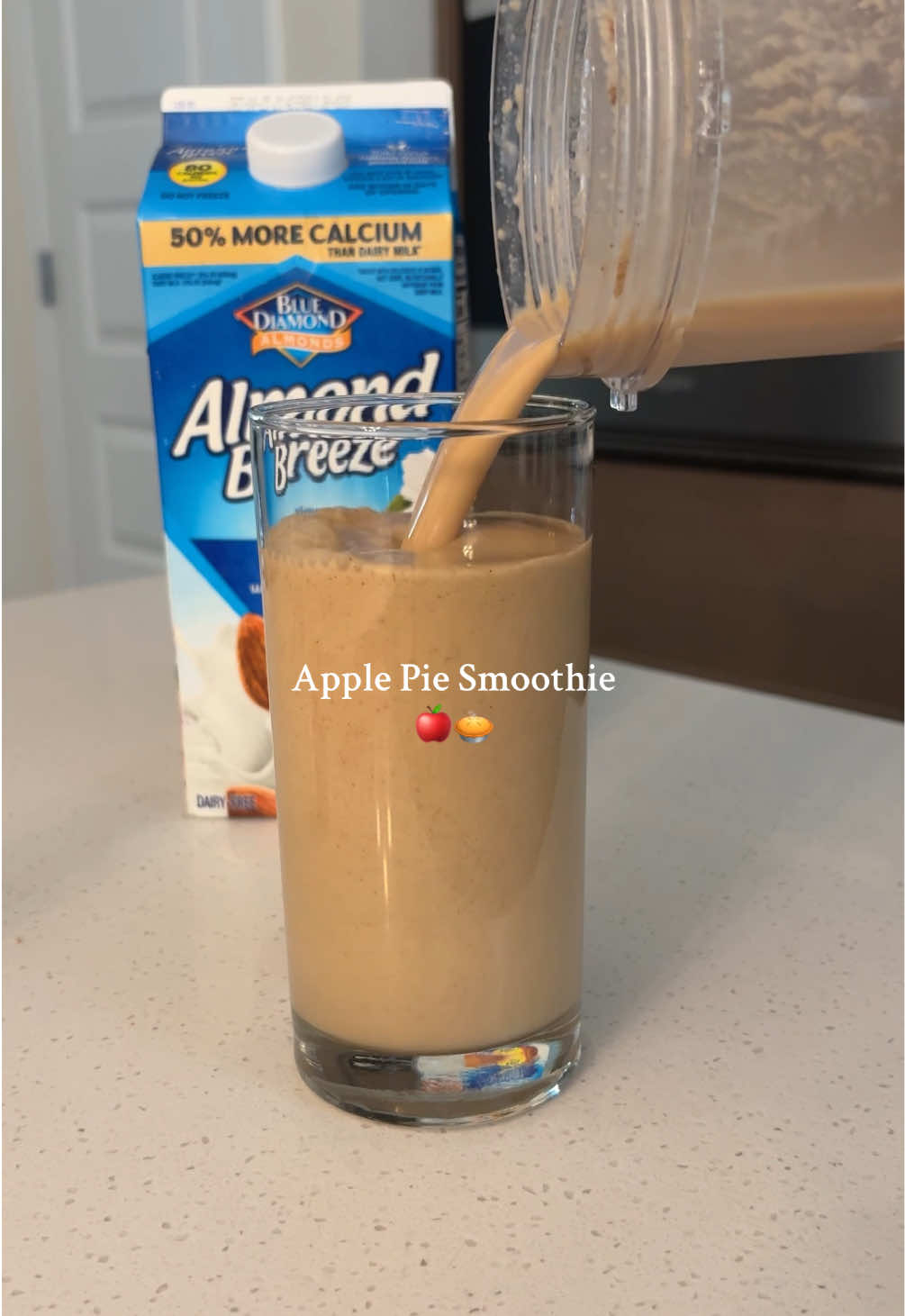 gifted by Blue Diamond,  Smooth and refreshing apple pie smoothie, perfect for Fall! Ingredients: 1 cup of almond milk Ice  1 sweet apple  1 tbsp almond butter  1 tbsp maple syrup  1 tsp cinnamon  1 tsp vanilla extract  Blend until smooth Top with a little more cinnamon  @Almond Breeze  #smoothierecipe #applepiesmoothie #fallsmoothierecipes 