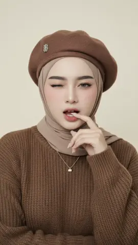 Prompt:Potret hyper-realistic seorang wanita berhijab dengan wajah asli sesuai foto referensi. Ia mengenakan hijab berwarna coklat yang dililit rapi, dipadukan dengan sweater rajut tebal warna coklat senada, serta topi baret coklt dengan emblem kecil. Make-up flawless ala Korean look: foundation matte halus, blush pink segar di pipi, eyeshadow shimmer lembut, eyeliner hitam tipis dengan winged halus, bulu mata lentik natural, softlens abu-abu terang, dan lipstik pink glossy. Pose jari kiri telunjuk di gigit, mata sebelah kiri tertutup, ekspresi anggun dan manis. Latar belakang warna cream polos. jangan merubah wajah asli dari foto yang saya kirim.#aigemini #poseselfie 