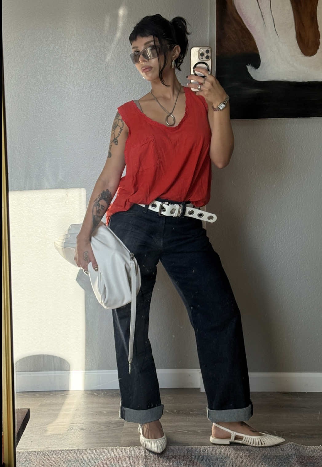 For a person who used to dislike the color red, I’m loving this !  Top @J.Crew  Denims @UNIQLO USA  Sunglasses @Prada  Bag @Nordstrom  Shoes Nine West  #realisticoutfits #whatıworetoday #personalstyle #chicoutfit #casualfit      