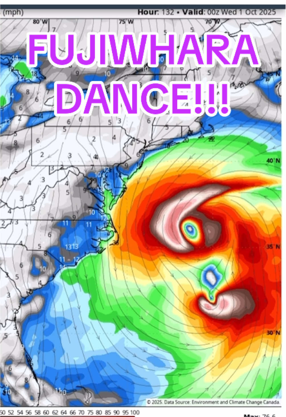 One of the best examples of a #Fujuwhara I’ve ever seen on today’s Canadian model!! Storms doing a 360 dance!🕺  Not to say it’s correct, but this is right out of a text book!  #Humberto #Imelda #Hurricane #fyp