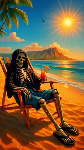 ☀️💀 Even the Reaper needs a vacation. Prost! 🍹🌴 #glitchgigz #ReaperVacation #DarkFantasy #NeonHorror #AIart