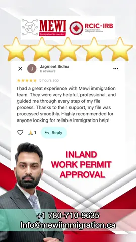 5 star rewiew for work permit approval I had a great experience with MEWI immigration team. They were very helpful, professional, and guided me through every step of my file process. Thanks to their support, my file was processed smoothly. Highly recommended for anyone looking for reliable immigration help! #WORKPERMIT  #LMIAWORKPERMIT #workpermitapproved  #canadaimmigration  WWW.MEWIIMMIGRATION.CA 