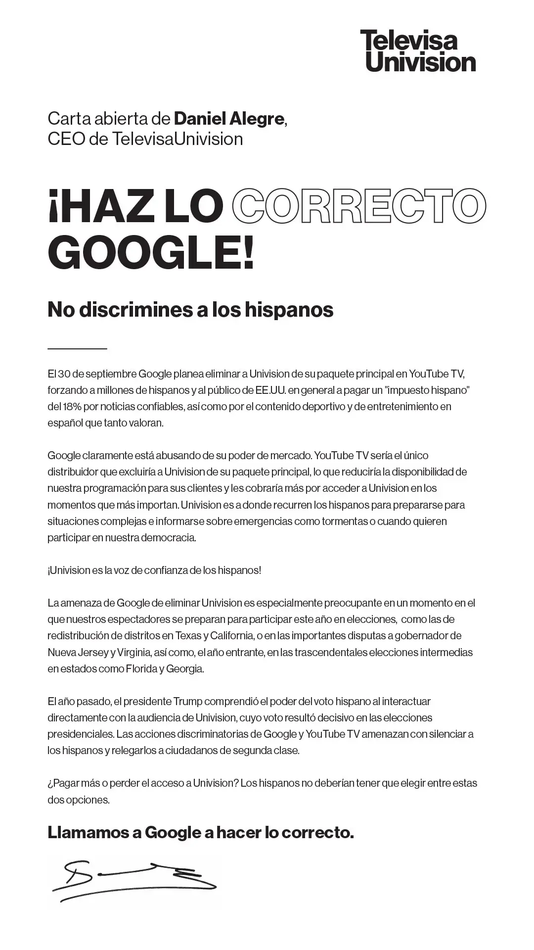 🚨 ¡Google quiere sacar a Univision de Youtube TV este 30 de septiembre! Quiere que tus telenovelas favoritas y las transmisiones de partidos de fútbol te cuesten 18% más. Digamos #NoAlImpuestoHispano, #HazLoCorrectoGoogle