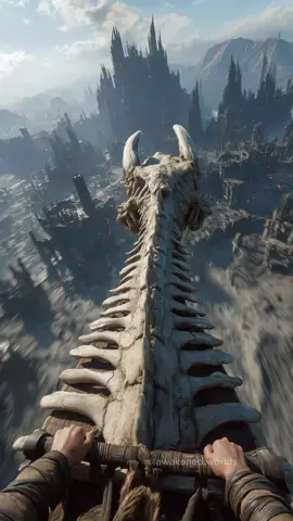 The Dragon Rider flies on a ancient Bonedragon over a scorched, lifeless wasteland with burning ruins. #darkfantasy #fantasy #pov #dragon #medievaltiktok 