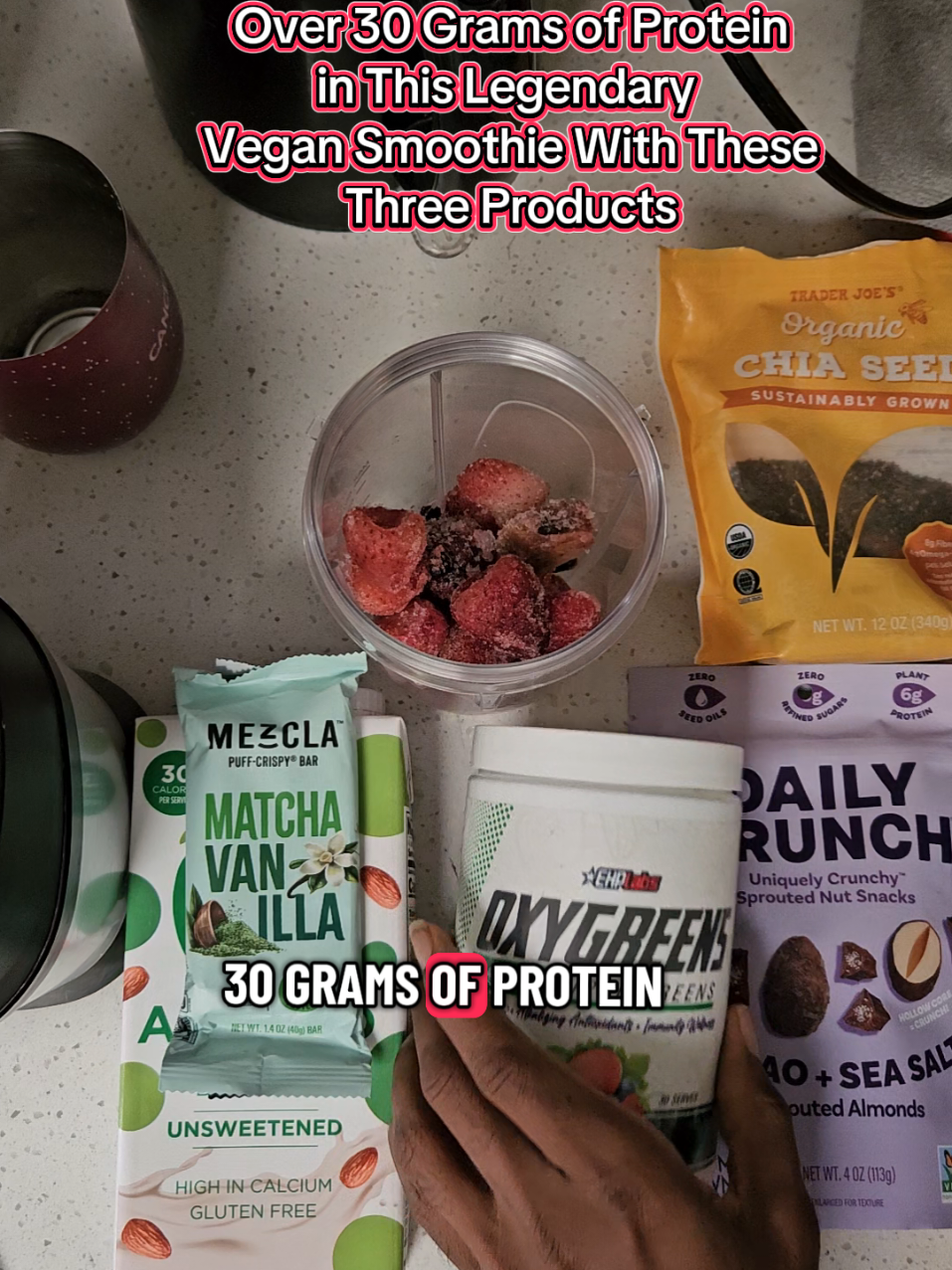 Where do vegans get their protein?” That’s one of the biggest myths out there. Here’s the answer: a vegan, gluten-free smoothie that packs 30g+ of protein and is stacked with fiber, antioxidants, and gut-healthy nutrients. The base: 🍌 Frozen bananas 🍓 Strawberries & blueberries 🥛 Almond milk 🌱 Chia seeds (loaded with omega-3s and twice the calcium of milk) The power boosters (TikTok Shop cart link): 🥜 Daily Crunch Nuts – Air-crisped, never fried. Fun fact: nuts are one of the only foods that give you all three macros in one serving. 🍵 Mezcla Vanilla Matcha Bar – Matcha helps with metabolism and focus. Pea crisps inside = complete protein source. 🌱 EHP Oxy Greens – Gut-supporting blend with digestive enzymes. Remember: 70% of your immune system lives in your gut. Blend them together and you’ve got a smoothie that helps you gain healthy weight, recover faster, and build lean muscle — all while staying vegan and gluten-free. 💡 Fact: Research shows plant protein builds muscle just as effectively as whey when you get enough grams per day. This combo gets you there. 👉 Tap the orange cart and grab the boosters today. #vegan #smoothie #protein #ehplabs #mezcla 