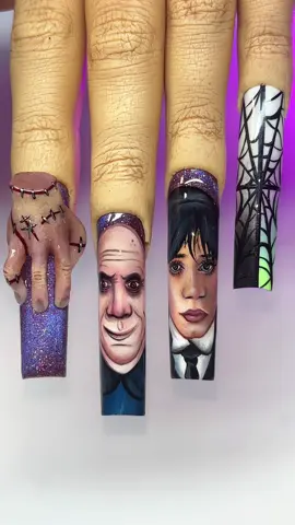 Wednesday Inspired Nails! 😱who seen season 2 already?!? Did you like it? 😱  Sculpted Thing + hand-painted Wednesday & Uncle Fester, took 5 hrs each🖤 Products from @LizRenayShop  Slime brushes - Slime fix, Paint Monster & ooze away brush !  Code “Slime” to save sum coins 🧪 • • • #wednesdayaddams #wednesdaynetflix #wednesdaynails #3dnails #halloweennails 