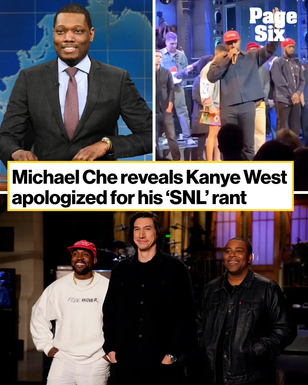 During the closing credits of SNL, West, who now goes by Ye, 48, gave an impromptu rant about how the liberal media criticizes Donald Trump while also accusing Black comedians of making jokes about Bill Cosby. “When that happened, and he made it seem like we was bullying him, I was like, ‘Why would you say that?’ Like, what happened that you felt that way?” Che recalled of his conversation with Ye while on SiriusXM’s “The Bonfire” on Thursday. However, a year later, Che and Ye crossed paths when Eddie Murphy hosted “SNL” in 2019. “He’s coming out the elevator bay, and as soon as he sees me, he goes, ‘I owe you an apology,'” he noted. “And I hadn’t seen him in years. I didn’t even know if he remembered that that happened because he was saying so much. And he was like, ‘I owe you an apology.’ And we talked and I never brought it up again.” 📸: NBC; Chris Rock/Instagram; AP; Getty